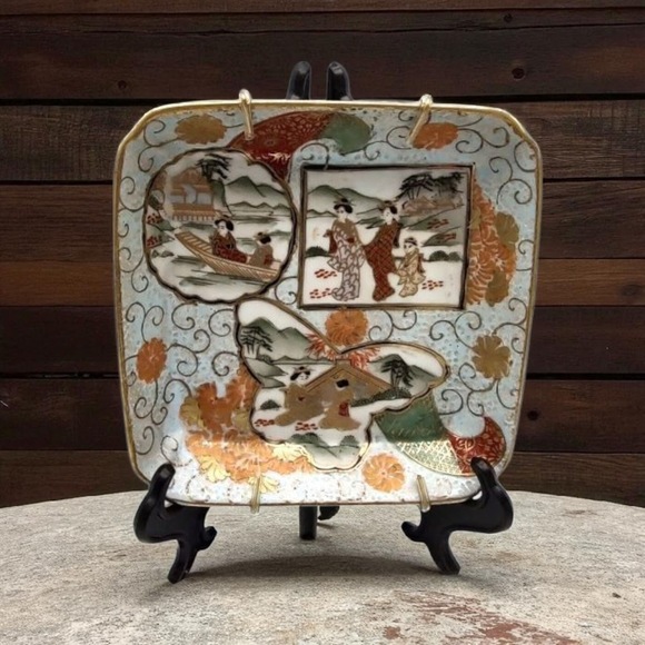 Hand Painted Macau Cloisonne Porcelain Satsuma Blank 3 Scenes Japanese Village - Picture 1 of 12